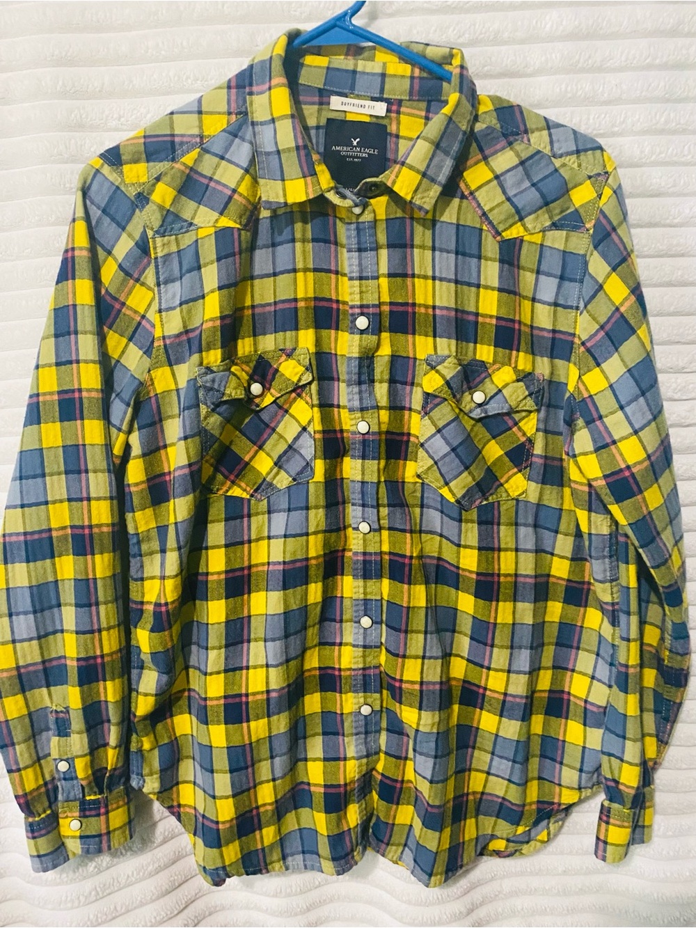 American Eagle Outfitters Blue and Yellow Checkered Women's Shirt